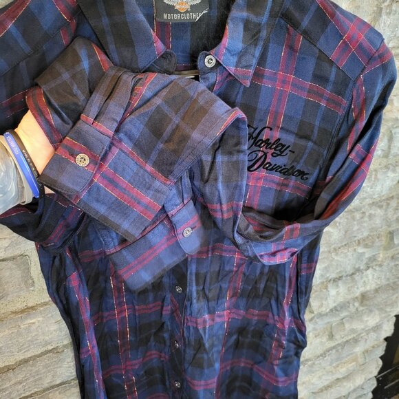 Harley Davidson Plaid Metallic Button Up Shirt Womens Medium Roses Navy Blue - Picture 5 of 10